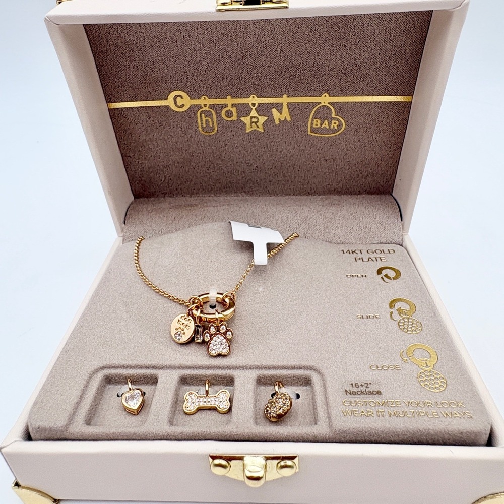 Charm Bar 14KT‎ Gold Plate Dog Mom Paw Print Bone Charm Necklace Set